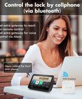 Woman using laptop and smart home device to control keyless entry door lock with keypad for front door biometric fingerprint