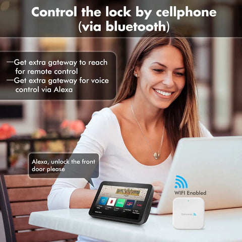Woman using laptop and smart home device to control keyless entry door lock with keypad for front door biometric fingerprint