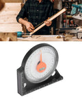 Slick Magnetic Angle Finder Tool With Clear Scale And Heavy Duty Plastic Build For Carpentry Woodworking and Metalworking tasks next to a carpenter.