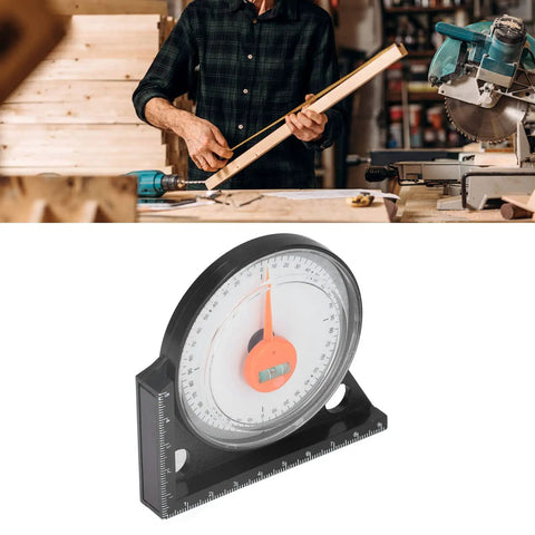 Slick Magnetic Angle Finder Tool With Clear Scale And Heavy Duty Plastic Build For Carpentry Woodworking and Metalworking tasks next to a carpenter.