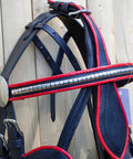 Full Size Leather Horse Driving Harness with red trim and metal details, Premium Quality Horse Driving Equipment, weatherproof and durable