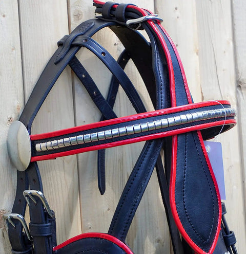 Full Size Leather Horse Driving Harness with red trim and metal details, Premium Quality Horse Driving Equipment, weatherproof and durable