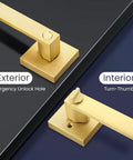 Keyless Privacy Door Lever Set Satin Brass Finish for Bedroom and Bathroom - exterior and interior views with thumb turn and unlock hole