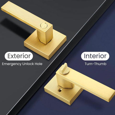 Keyless Privacy Door Lever Set Satin Brass Finish for Bedroom and Bathroom - exterior and interior views with thumb turn and unlock hole
