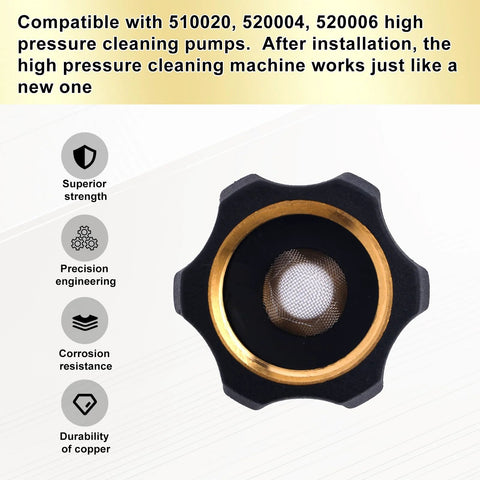 Gosknor 7110166 high-pressure washer inlet fitting, brass inlet with black knob and mesh screen, front view