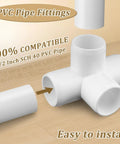 Beefy 20 Pack Half Inch PVC 4 Way Fittings for SCH40 Piping showing furniture grade connector with pipe insertion