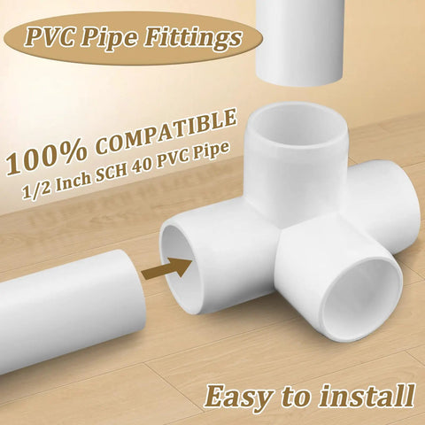Beefy 20 Pack Half Inch PVC 4 Way Fittings for SCH40 Piping showing furniture grade connector with pipe insertion