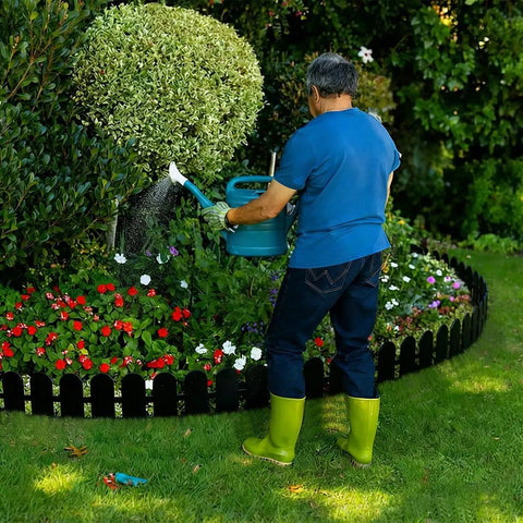 Person watering plants beside 5.5 Inch Tall Garden Edging Border Kit With 20 Feet Of Flexible Plastic Border for Lawns, Yards, and Flower Beds