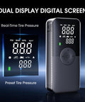Cordless Tire Inflator Portable Air Compressor With Digital Dual Screen Pressure Gauge showcasing real-time tire pressure