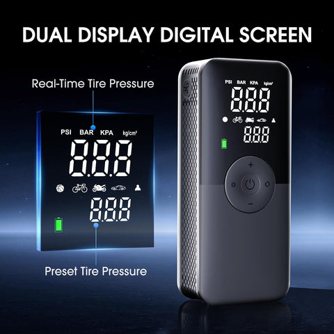 Cordless Tire Inflator Portable Air Compressor With Digital Dual Screen Pressure Gauge showcasing real-time tire pressure