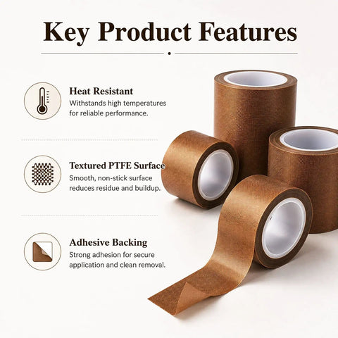 Heavy Duty PTFE Fiberglass Adhesive Tape For Heat Sealers, 10M Long Roll, showcasing textured surface and adhesive backing.