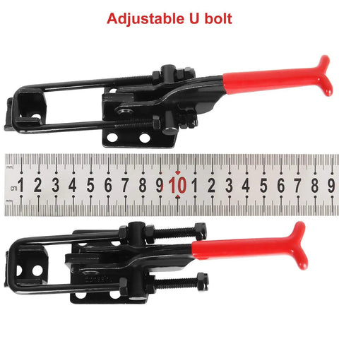 Four Pack Heavy Duty Toggle Clamps With 700 Pound Capacity GH431 Adjustable U Bolt Self Locking Quick Release in black with ruler