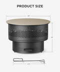 26 Inch Fire Pit With Grill And Lid For Outdoor Use, Three In One Wood Burning Fire Pit Table With Poker, showcasing size dimensions