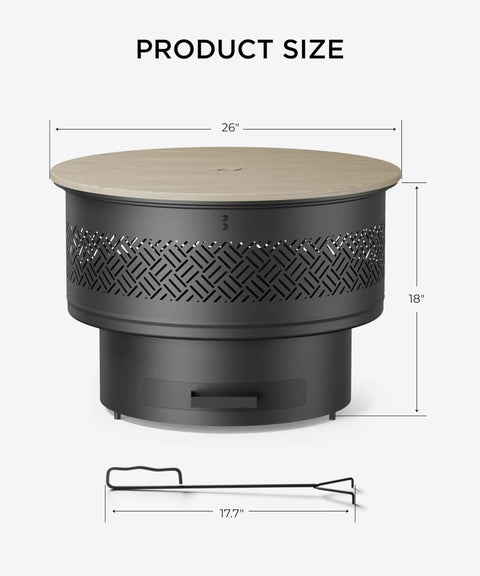 26 Inch Fire Pit With Grill And Lid For Outdoor Use, Three In One Wood Burning Fire Pit Table With Poker, showcasing size dimensions