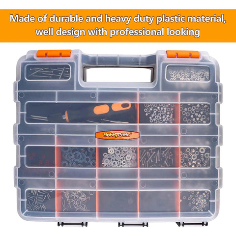 RC Gear Organizer Box With Adjustable Compartments And Removable Dividers, shown with nuts and bolts inside transparent plastic case