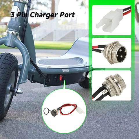 24V Electric Motor Replacement For E300 E300S E325 Scooters And MX350 MX400 Dirt Rocket Bikes showing 3-pin charger port