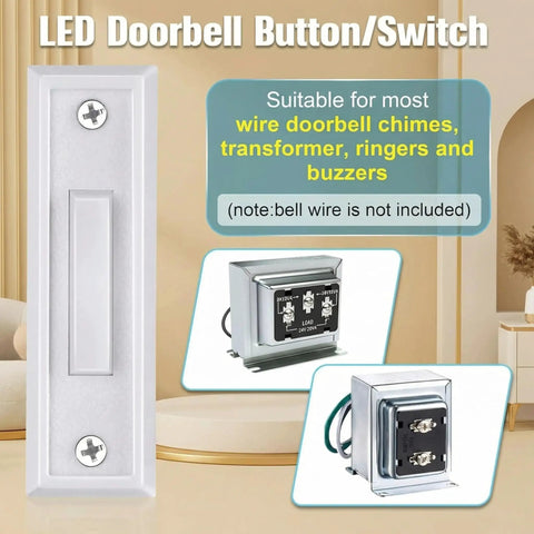 Lighted Doorbell Button White LED Go-To Replacement For Low Voltage Wired Doorbell Chimes And Transformers Universal Compatibility For Chimes, Ring Boxes, Push Buttons, Garage Doors And Home Entry Bells No-Fuss Install, white plastic wall plate with screws