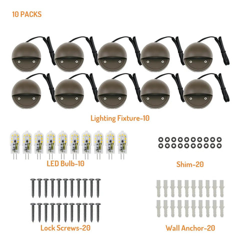 2W LED Deck Lights Pack Of 10 Low Voltage Landscape Lighting With Replaceable G4 Bulbs 3000K Warm White Bronze Aluminum Housing