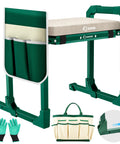Garden Kneeler And Seat Foldable Gardening Stool With Extendable Legs Thick Pad And Tool Storage Bag, green frame, beige seat