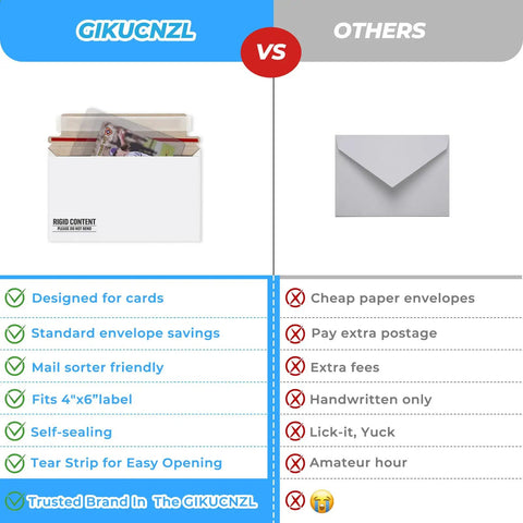 Comparison of 100 Pack Card Mailer Envelopes With Semi-Rigid Holders and regular envelope, showing design benefits for collectors.