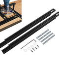 Pro Grade Saw Guide Rail With Adjustable Support Bracket For Rock Solid Alignment And Killer Precision Cuts showing black aluminum tracks and accessories.