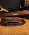 Buffalo Leather Rifle Sling for Hunters Handmade in USA 1 Inch Width Crazy Horse Brown Stitch Amish Crafted Built Tough Durable Lifetime Gun Accessory