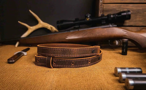 Buffalo Leather Rifle Sling for Hunters Handmade in USA 1 Inch Width Crazy Horse Brown Stitch Amish Crafted Built Tough Durable Lifetime Gun Accessory