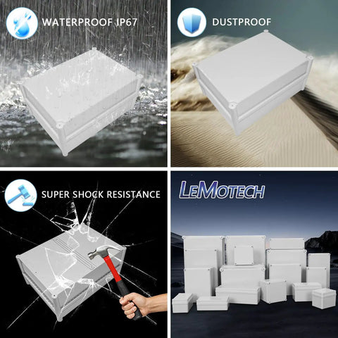 IP67 Waterproof Junction Box Outdoor Enclosure Made From Durable ABS Plastic, showcasing waterproof, dustproof, shock resistance features.