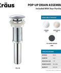 Chrome finish pop-up drain assembly with product specifications and available finishes displayed
