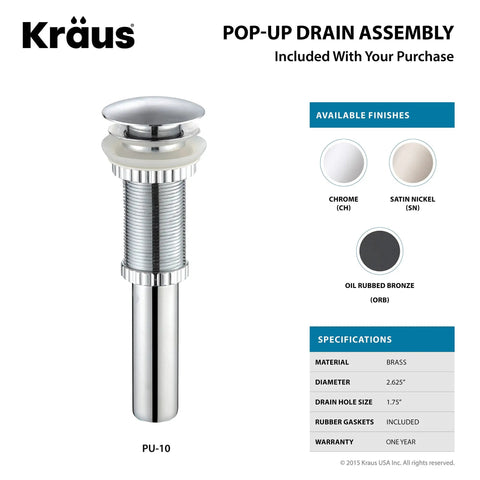 Chrome finish pop-up drain assembly with product specifications and available finishes displayed