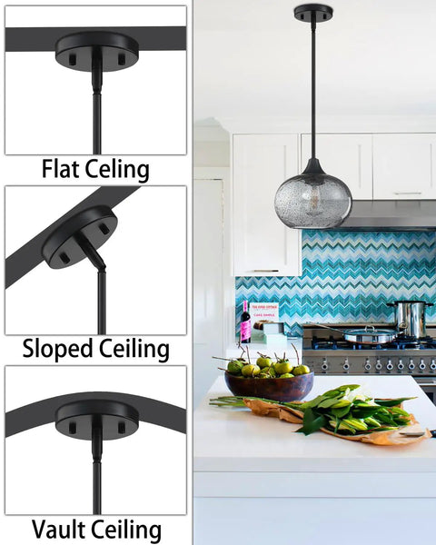 2 Pack 7.7 Inch Black Brownish Grey Seeded Glass Pendant Lights For Kitchen Island And Dining Area Over Sink, with ceiling mount options