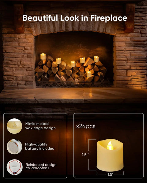 24 Pack Flameless Votive Candles Tealights Warm White Ivory Base Christmas Decor in a cozy fireplace setting