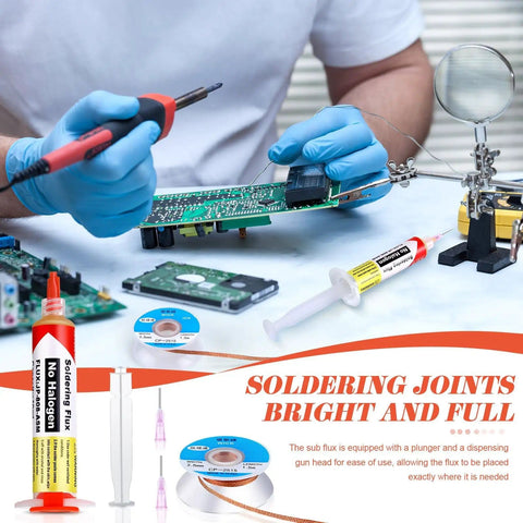 Technician using 6 Pcs 10Ml No Clean Solder Flux Paste And Wick Kit With Plunger And Dispensing Tips on circuit board