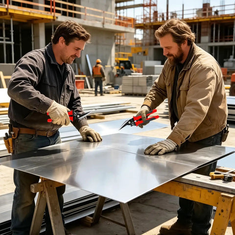 Two workers cutting sheet metal with Non Slip Aviation Snips 9 Inch Manganese Steel Sheet Metal Cutter For Tin Roofing Cladding