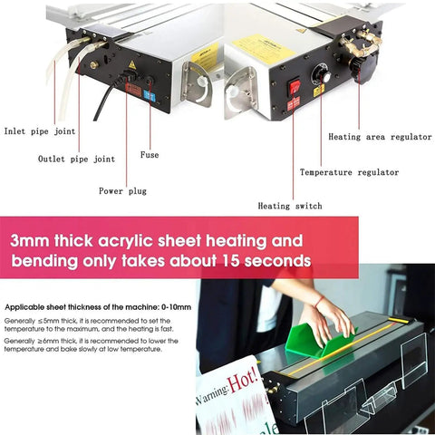 Rock Solid Electric Plastic Hot Bender And Acrylic Bending Press With Adjustable Heat Settings and Fast Chill Water Cooling For Perfect PVC Angles and Knockout Storefront Displays controls and features
