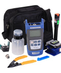 Front view: fiber optic termination tool kit with blue power meter, FC-6S cleaver, fault locator, cutter/stripper in case.