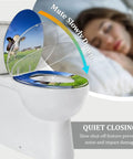 Elongated Toilet Seat with Quiet Close Quick Release features a decorative lid in a farm scene, showcasing quiet close mechanism.