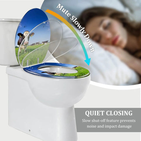 Elongated Toilet Seat with Quiet Close Quick Release features a decorative lid in a farm scene, showcasing quiet close mechanism.
