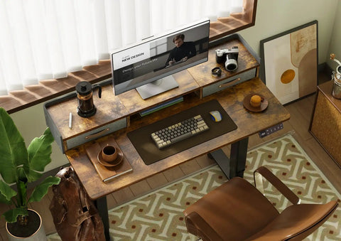 Adjustable Standing Desk With Drawers, Electric Sit Stand Desk With Storage Shelf And Splice Board, 48 Inch, Rustic Brown in office