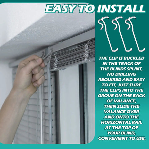 No Sweat 3 Inch Valance Clips For Horizontal Window Blinds, 12 Pack Plastic Mounting Retainers installed on window.