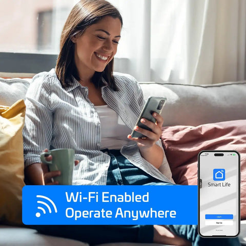 Woman smiling while using smartphone on couch, demonstrating Wi-Fi enabled features for Heavy Hitter 24000 Btu Dual Zone Mini Split AC And Heat Pump System Delivers 23 Seer2 Efficiency Covers Up To 1500 Square Feet With Pre Charged Inverter Tech Running Sweet For No Stress All Season Comfort.