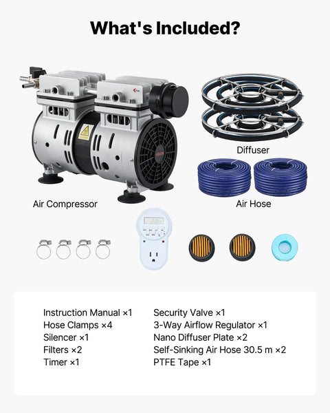 5.2 CFM Pond Aeration Kit For 1-3 Acre Lakes With Three Quarter HP Compressor, Two Diffusers And 100 Ft Weighted Tubing components