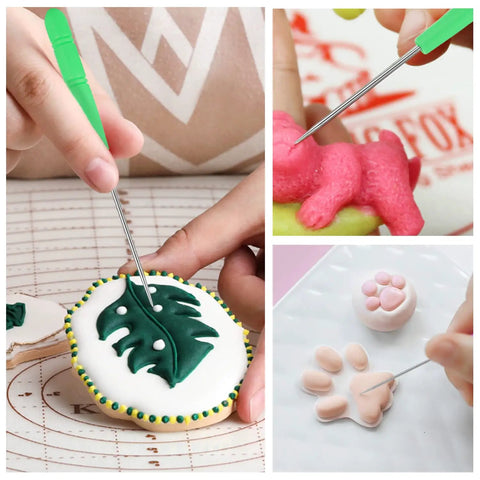 Six Piece Cookie Scribe Tool Set Featuring Durable Iron Pins And Comfortable Plastic Handles For Flawless Sugar Cookie Decorating in use on decorated cookies.