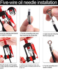 Five-wire oil needle installation process with hydraulic brake hose fitting insertion tool for bikes.