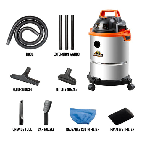Powerful 900W 3 Peak HP Stainless Steel Wet Dry Vacuum with 4 Gallon Tank and accessories for versatile use