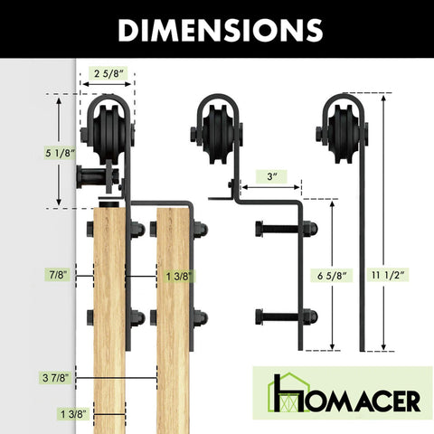 Dimensions of Black Rustic Single Track Bypass Sliding Barn Door Hardware Kit 54In W By 84In H 9ft Flat Track Classic Roller