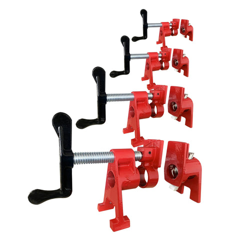 Versatile 4 Pack Three Quarter Inch H Style Pipe Clamp Set With Quick Release For Woodworking Carpentry Home Improvement And DIY Projects Built For Stable Heavy Duty Clamping, showing red clamps lined up.