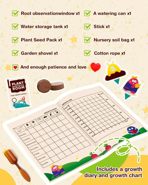Growth diary and chart from Six Seed Varieties Kid Friendly Garden Kit For Hands On STEM Learning A Fun Hands On Science Project For Ages 5 7 8 12 Perfect Gift For Christmas Easter Birthday And School Gardening, shown with a checklist and decorative elements.