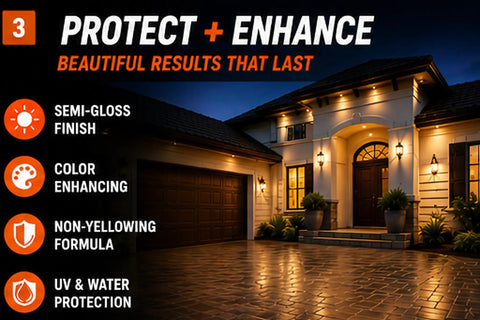 Pro Level Water Based Concrete Sealer With Semi Gloss Finish And Super Color Boost on a beautifully lit driveway.