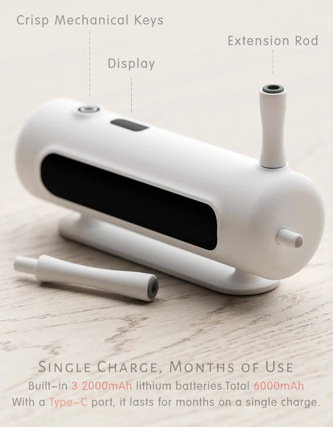 Cylindrical Sea Ghost Desktop Water Bottle Dispenser with USB Type C Charging, emphasizing its mechanical keys and extension rod.